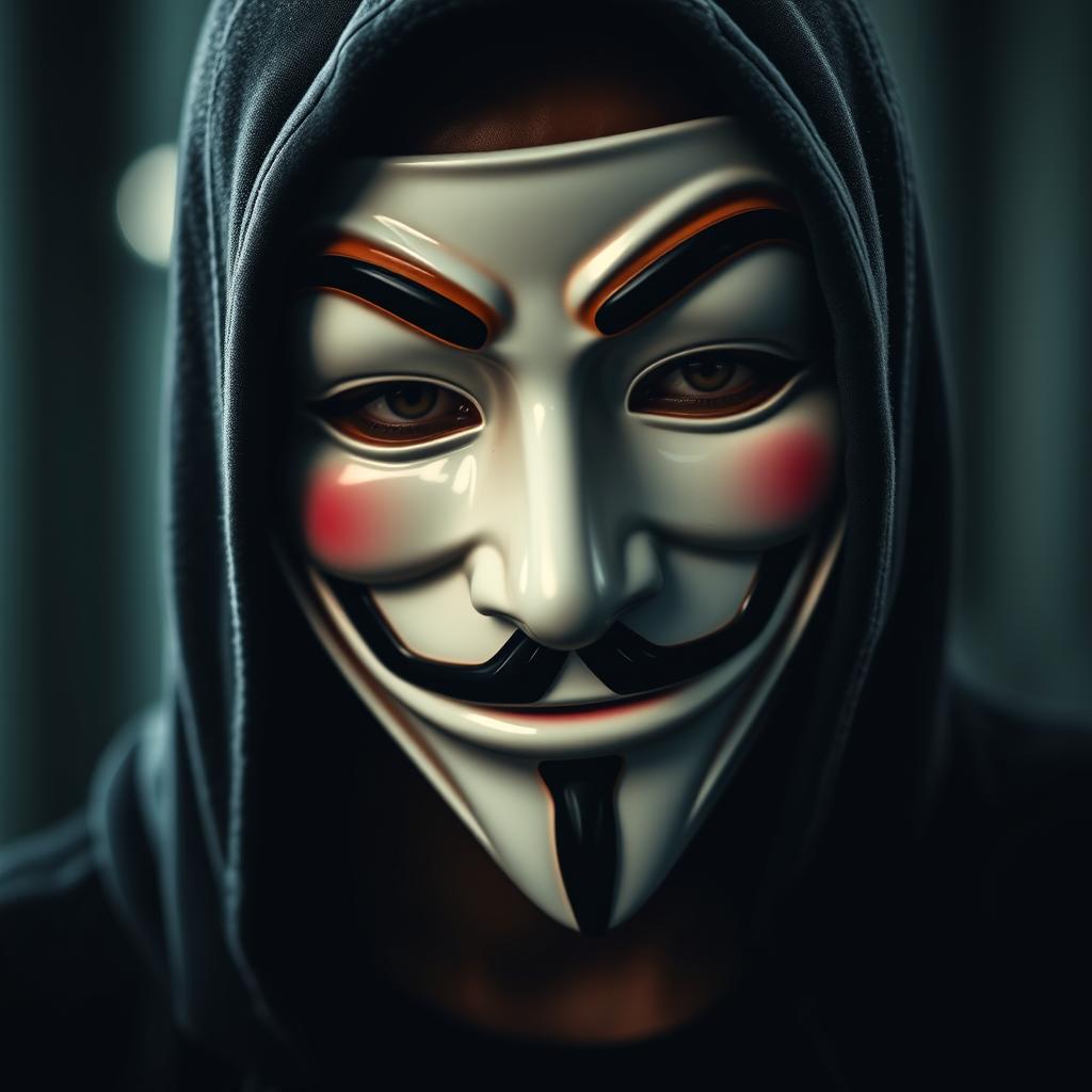 A close-up image of a man wearing a Guy Fawkes mask