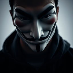 A close-up image of a man wearing a Guy Fawkes mask