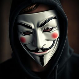 A close-up image of a man wearing a Guy Fawkes mask