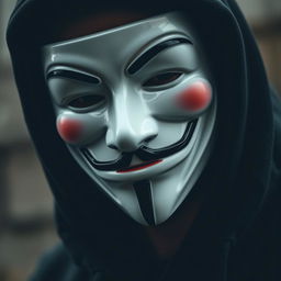 A close-up image of a man wearing a Guy Fawkes mask