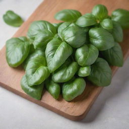 A bunch of fresh green basil leaves on a wooden cutting board, with visible veins and edges, displaying their aromatic freshness under natural light.