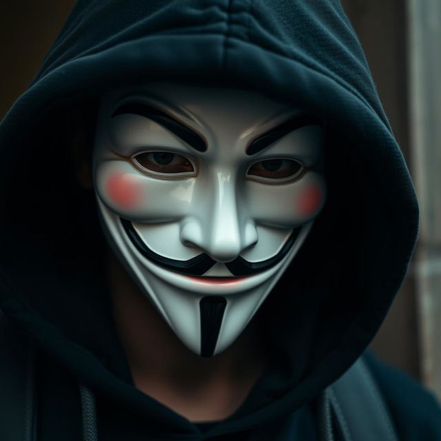 A close-up image of a man wearing a Guy Fawkes mask