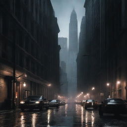 A dark and atmospheric image of Gotham City, capturing the gritty and foreboding environment of the iconic fictional city from the Batman universe