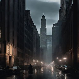 A dark and atmospheric image of Gotham City, capturing the gritty and foreboding environment of the iconic fictional city from the Batman universe