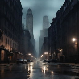 A dark and atmospheric image of Gotham City, capturing the gritty and foreboding environment of the iconic fictional city from the Batman universe