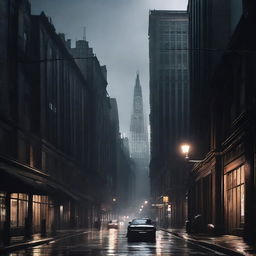 A dark and atmospheric image of Gotham City, capturing the gritty and foreboding environment of the iconic fictional city from the Batman universe