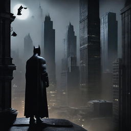 A dark and atmospheric image of Gotham City featuring Batman