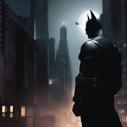 A dark and atmospheric image of Gotham City featuring Batman