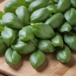 A bunch of fresh green basil leaves on a wooden cutting board, with visible veins and edges, displaying their aromatic freshness under natural light.