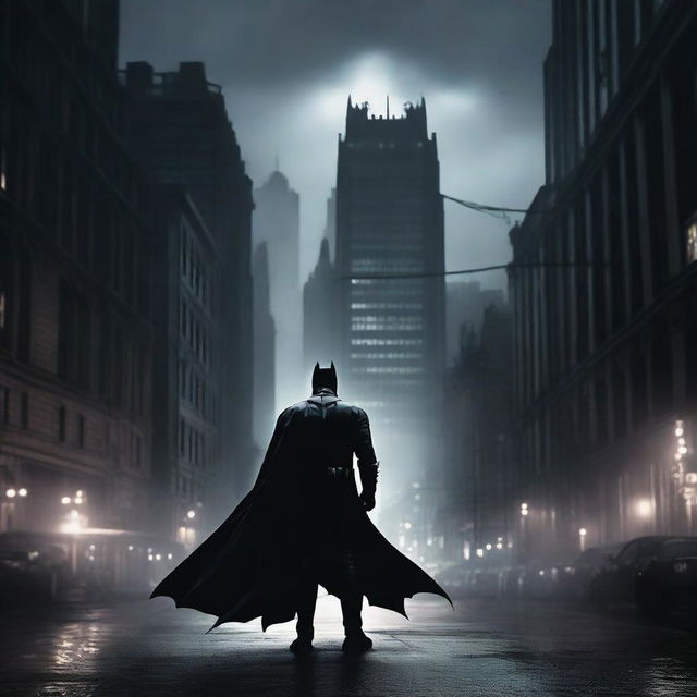 A dark and atmospheric image of Gotham City featuring Batman