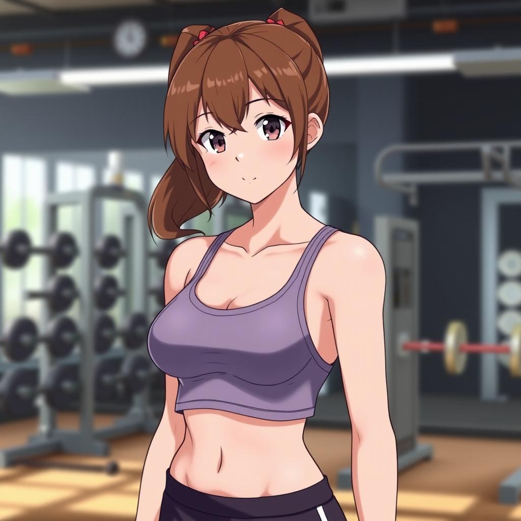 An 18-year-old anime girl with brown hair tied back into a ponytail, fair skin, and a fit build