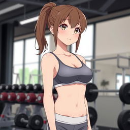 An 18-year-old anime girl with brown hair tied back into a ponytail, fair skin, and a fit build