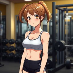 An 18-year-old anime girl with brown hair tied back into a ponytail, fair skin, and a fit build