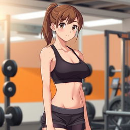 An 18-year-old anime girl with brown hair tied back into a ponytail, fair skin, and a fit build