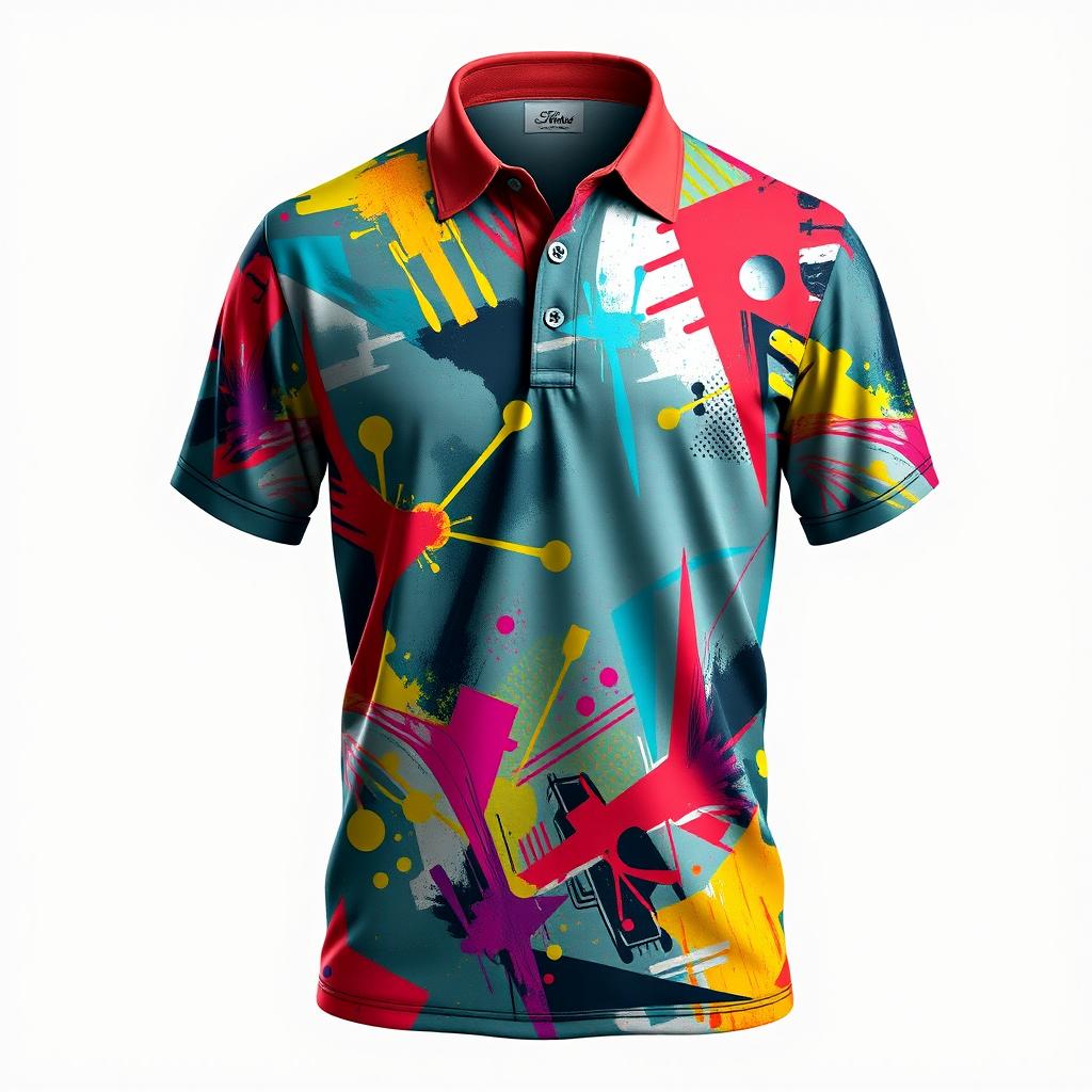 Create an image of a stylish polo shirt with a chaotic design