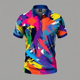 Create an image of a stylish polo shirt with a chaotic design