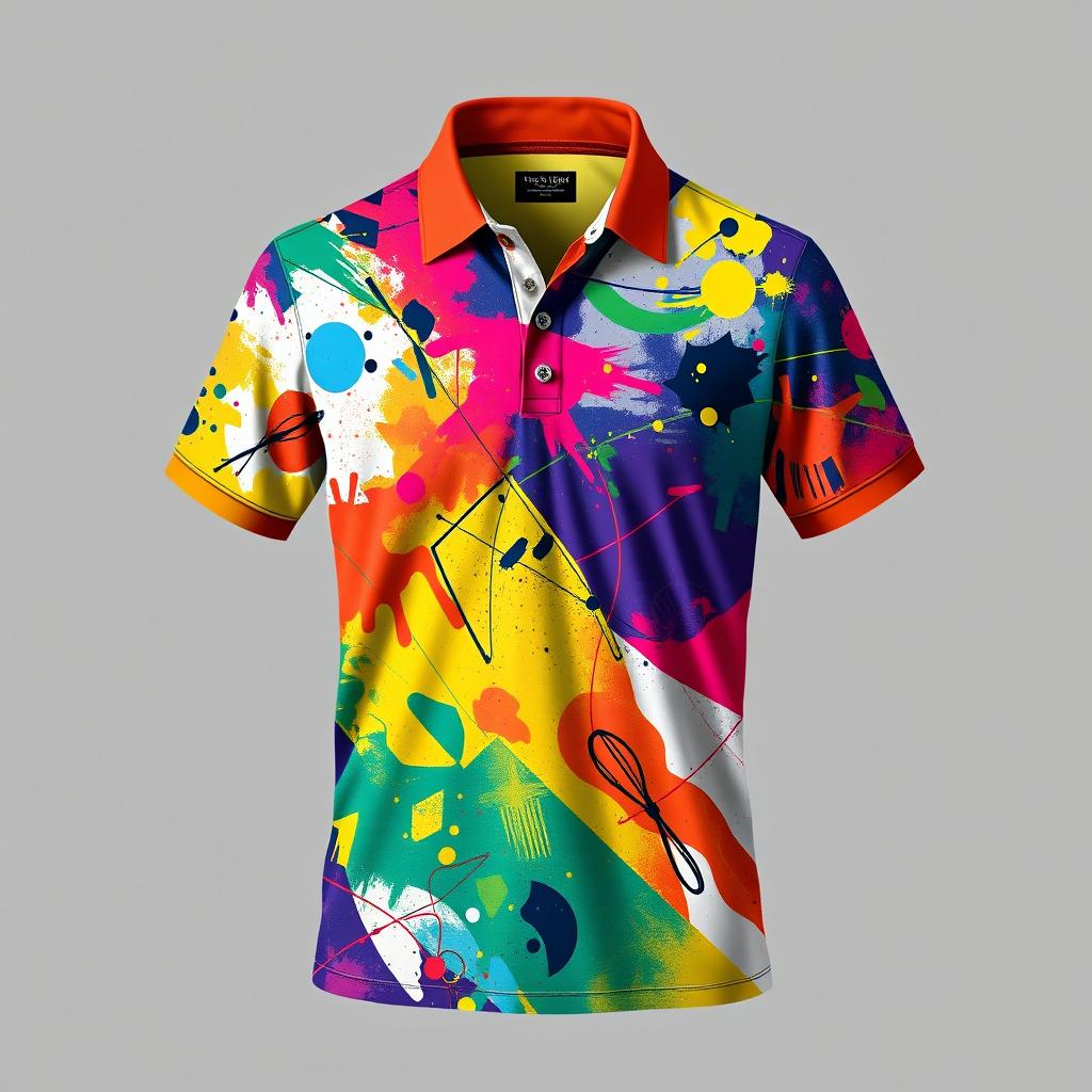 Create an image of a stylish polo shirt with a chaotic design