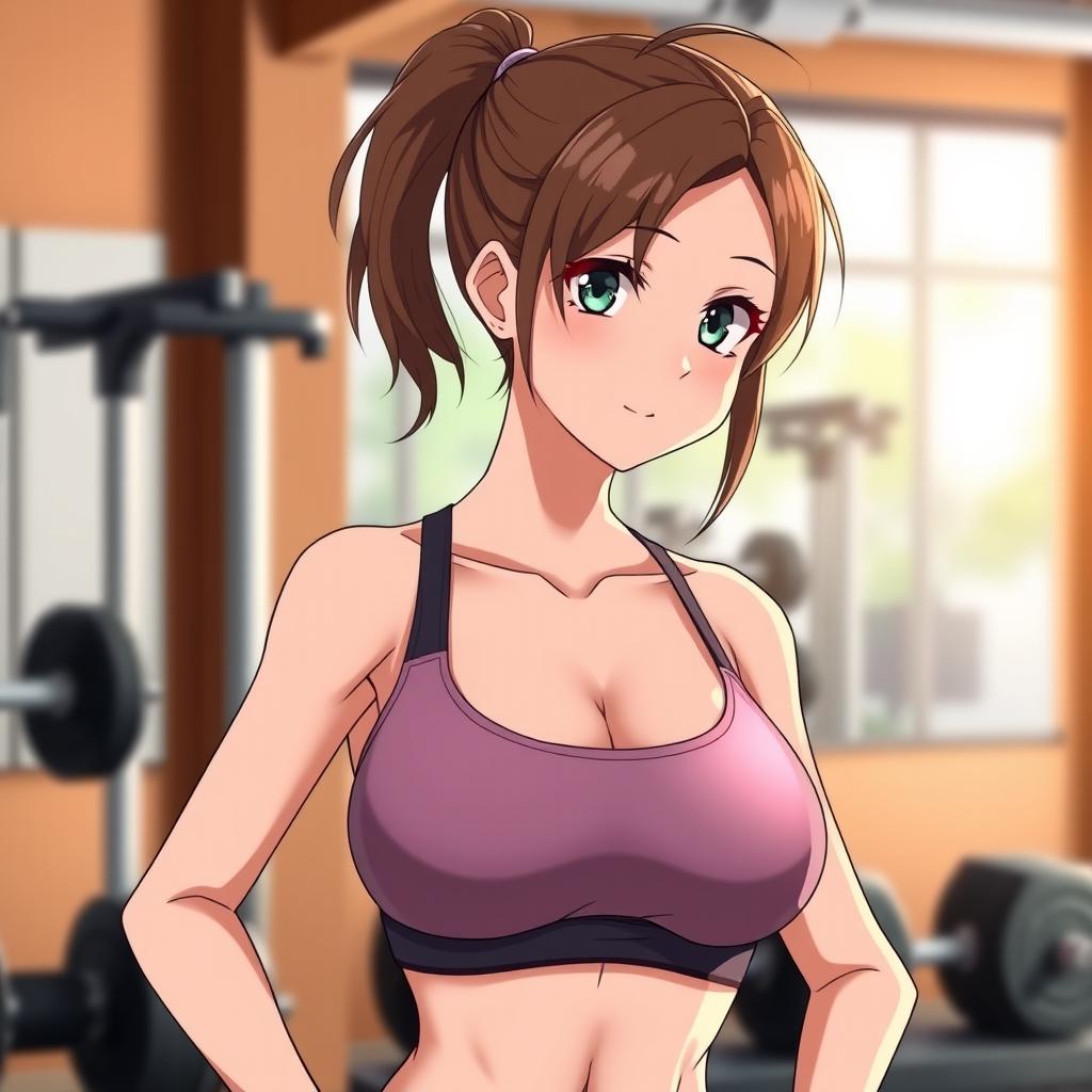 An 18-year-old anime girl with brown hair tied back into a ponytail, fair skin, and a fit build