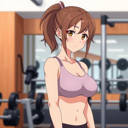 An 18-year-old anime girl with brown hair tied back into a ponytail, fair skin, and a fit build