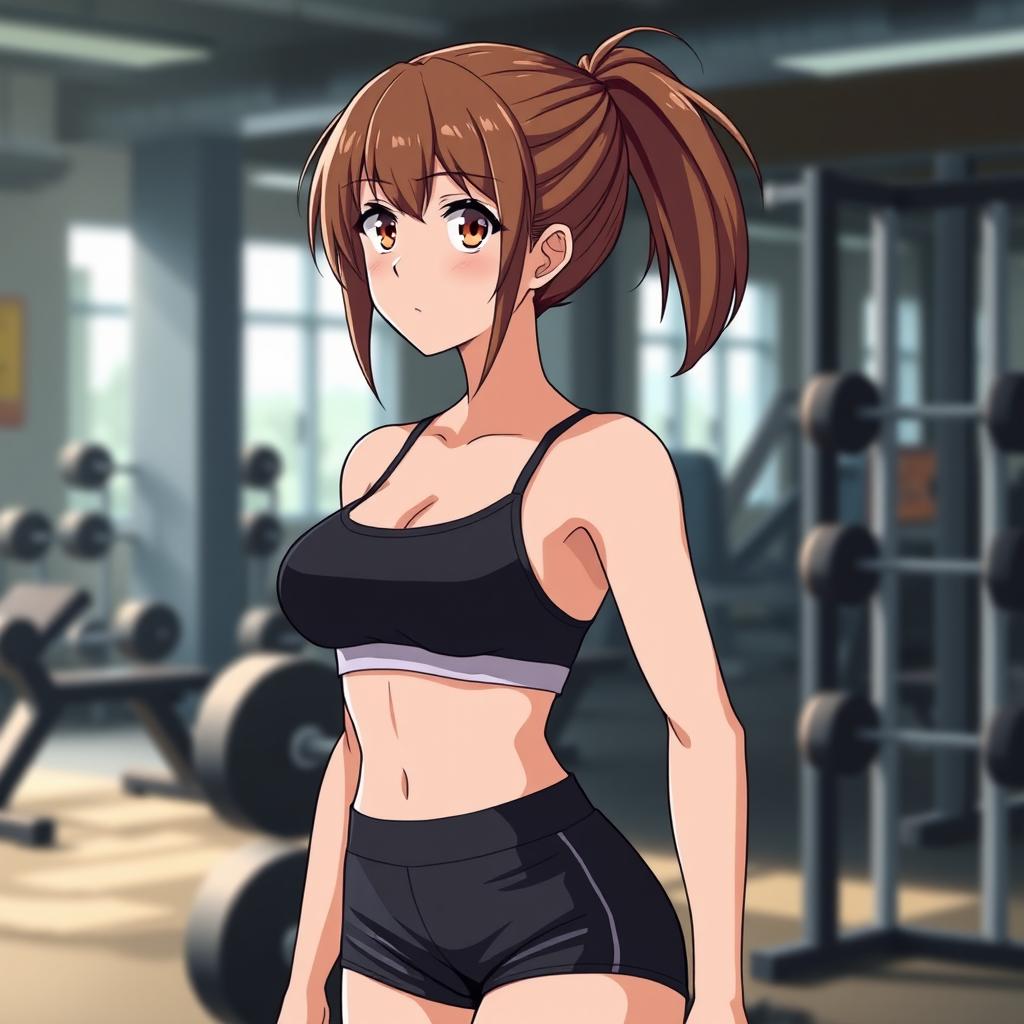 An 18-year-old anime girl with brown hair tied back into a ponytail, fair skin, and a fit build