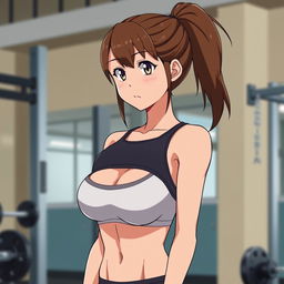 An 18-year-old anime girl with brown hair tied back into a ponytail, fair skin, and a fit build