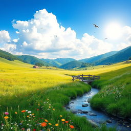 A serene landscape featuring a peaceful meadow with colorful wildflowers, a gentle stream flowing through it, and a clear blue sky with fluffy white clouds