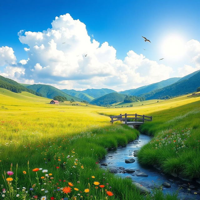 A serene landscape featuring a peaceful meadow with colorful wildflowers, a gentle stream flowing through it, and a clear blue sky with fluffy white clouds