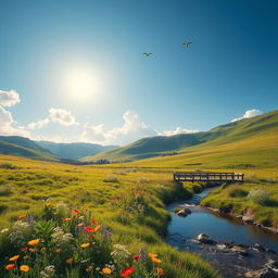 A serene landscape featuring a peaceful meadow with colorful wildflowers, a gentle stream flowing through it, and a clear blue sky with fluffy white clouds