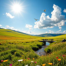 A serene landscape featuring a peaceful meadow with colorful wildflowers, a gentle stream flowing through it, and a clear blue sky with fluffy white clouds