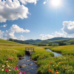 A serene landscape featuring a peaceful meadow with colorful wildflowers, a gentle stream flowing through it, and a clear blue sky with fluffy white clouds