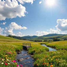 A serene landscape featuring a peaceful meadow with colorful wildflowers, a gentle stream flowing through it, and a clear blue sky with fluffy white clouds