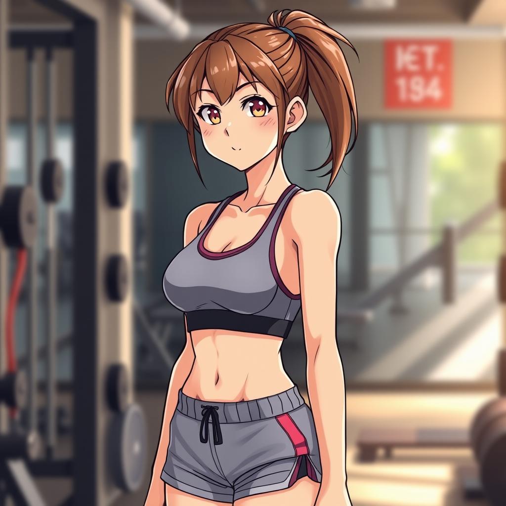 An 18-year-old anime girl with brown hair tied back into a ponytail, fair skin, and wearing a sports bra and gym shorts