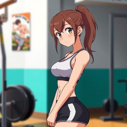 An 18-year-old anime girl with brown hair tied back into a ponytail, fair skin, and wearing a sports bra and gym shorts