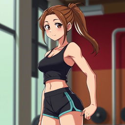 An 18-year-old anime girl with brown hair tied back into a ponytail, fair skin, and wearing a sports bra and gym shorts