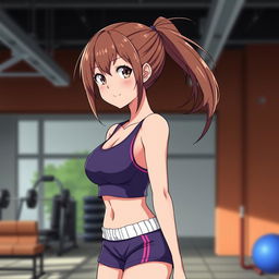 An 18-year-old anime girl with brown hair tied back into a ponytail, fair skin, and wearing a sports bra and gym shorts