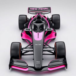 A sleek and modern Formula 1 car model in black and pink colors