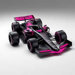 A sleek and modern Formula 1 car model in black and pink colors