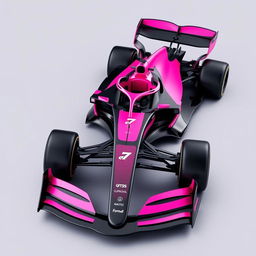 A sleek and modern Formula 1 car model in black and pink colors