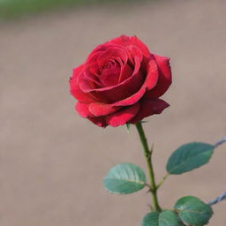 A vibrant red rose blooming at the tip of a tightly coiled barbed wire stem