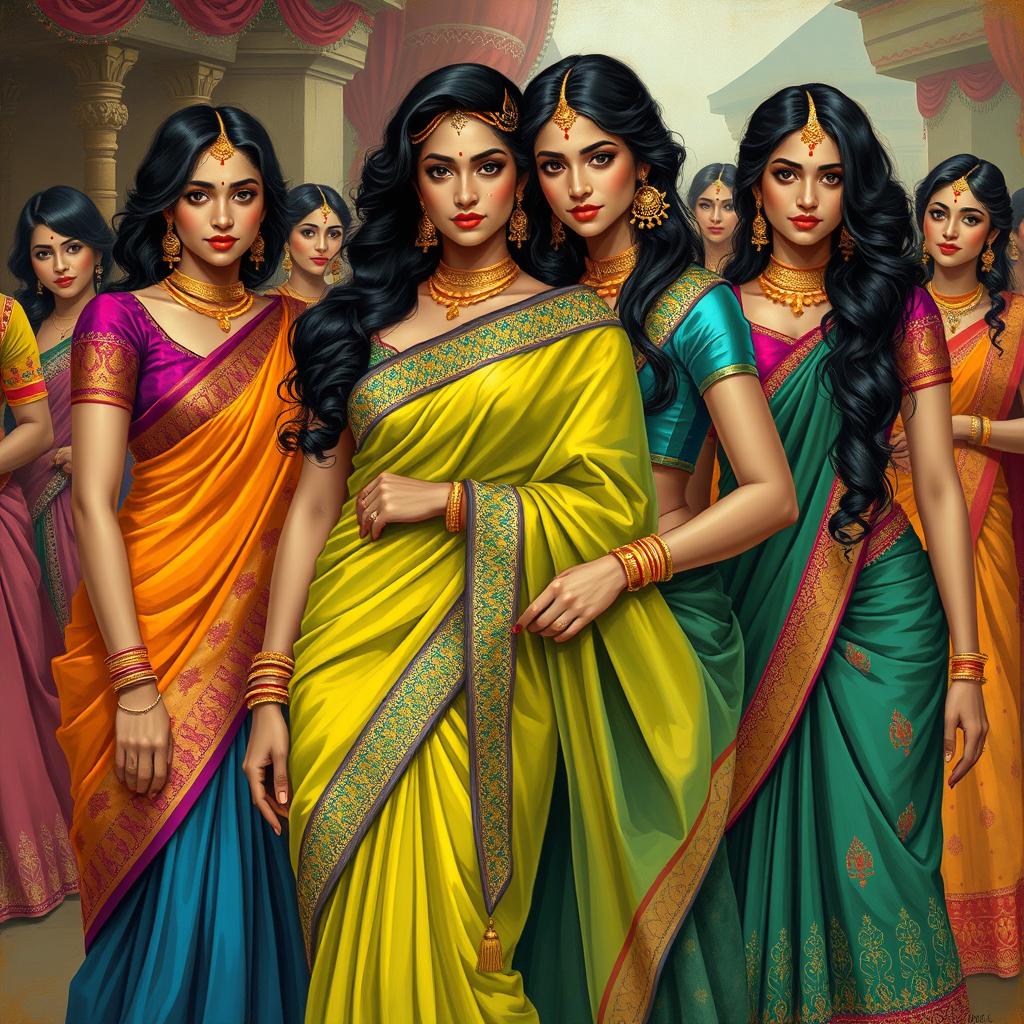 A depiction of Indian women in traditional attire with a touch of sensuality