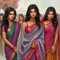 A depiction of Indian women in traditional attire with a touch of sensuality