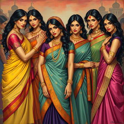 A depiction of Indian women in traditional attire with a touch of sensuality