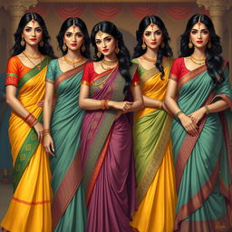 A depiction of Indian women in traditional attire with a touch of sensuality