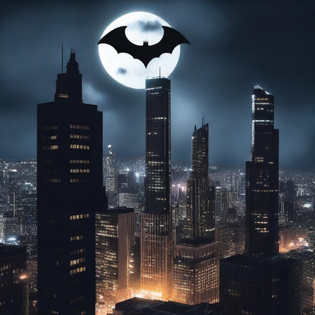A dramatic night-time scene of Gotham City with the iconic Batman signal shining brightly in the sky