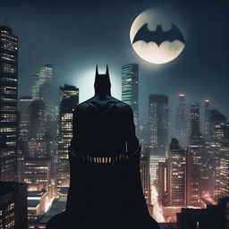 A dramatic night-time scene of Gotham City with the iconic Batman signal shining brightly in the sky