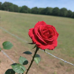 A vibrant red rose blooming at the tip of a tightly coiled barbed wire stem