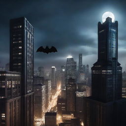 A dramatic night-time scene of Gotham City with the iconic Batman signal shining brightly in the sky