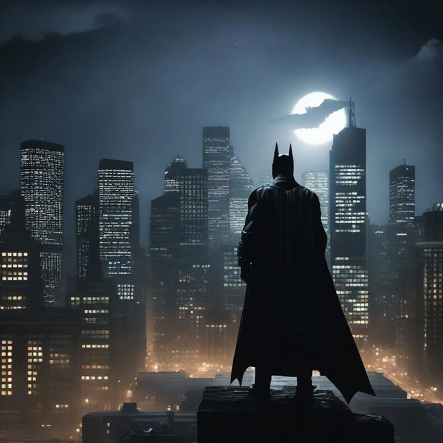 A dramatic night-time scene of Gotham City with the iconic Batman signal shining brightly in the sky