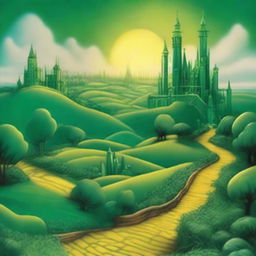 A detailed and vibrant depiction of the Emerald City from the Wizard of Oz