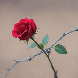 A vibrant red rose blooming at the tip of a tightly coiled barbed wire stem